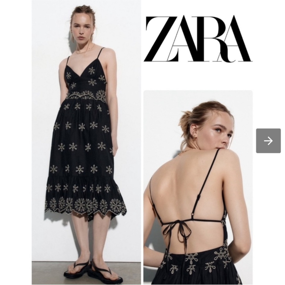 NWT Zara Black Embroidered Backless Dress